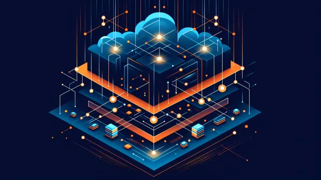 Deep orange concurrent request streams converging on a service node with throughput and saturation indicators on a dark navy background