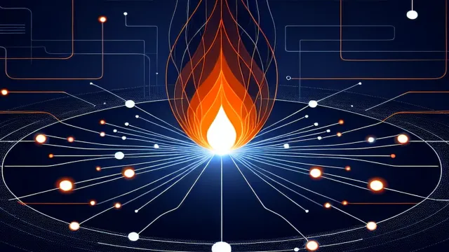 Deep orange flame-like data streams converging into a single bright focal point on a dark navy background