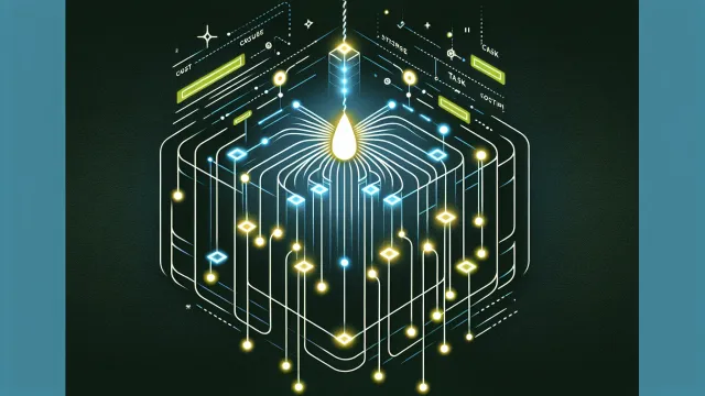 A single glowing thread branching into suspended task nodes that resume sequentially on a dark navy background