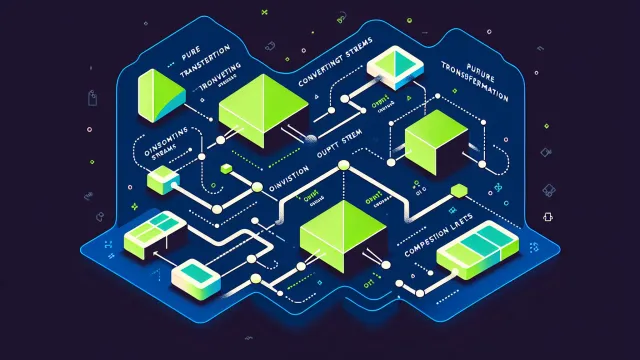Pure geometric functions transforming input streams into output streams through composition nodes on a dark navy background
