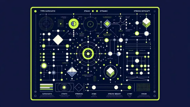 Lime green type category nodes arranged in a classification grid with relationship connectors on a dark navy background