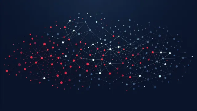 Crimson red paired key shapes with hash transformation paths and an encrypted channel connecting two geometric endpoints