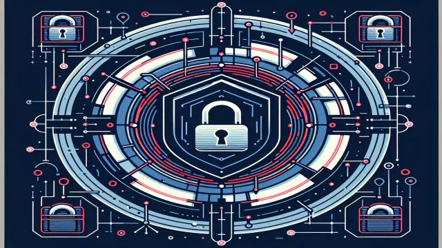 Crimson red shield shapes with geometric lock patterns connected by glowing pathways on a dark navy background