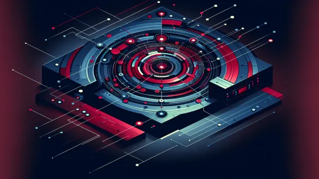 Crimson red vault geometric shapes with key access pathways and rotation cycle indicators on a dark navy background