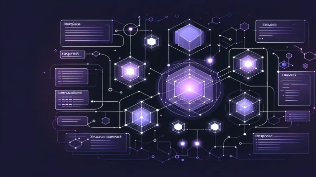 Violet purple interface contract nodes with request and response flow paths forming structured communication patterns on a dark navy background