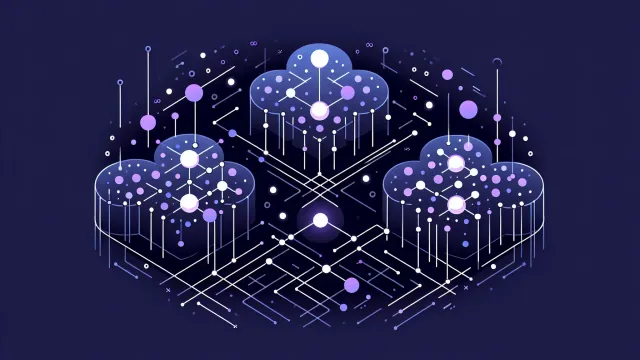Three distinct node clusters interconnected by glowing pathways on a dark navy background