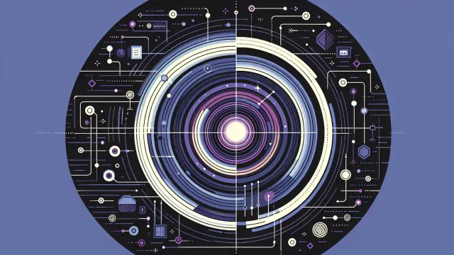 Layered geometric rings wrapping a central glowing node, with connector paths on a dark navy background