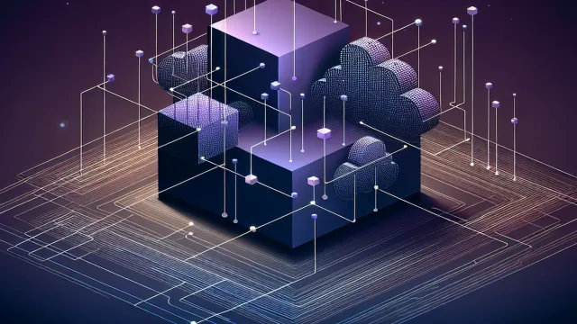 Violet purple single large node splitting into multiple smaller interconnected nodes on a dark navy background