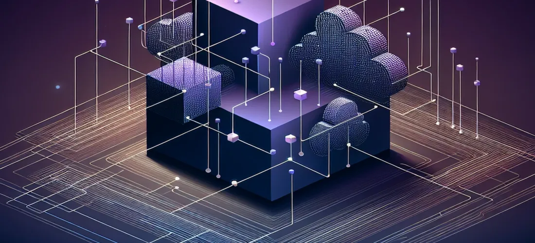 Violet purple single large node splitting into multiple smaller interconnected nodes on a dark navy background