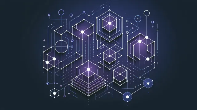 Five distinct geometric shapes connected by clean lines into a stable structure on a dark navy background