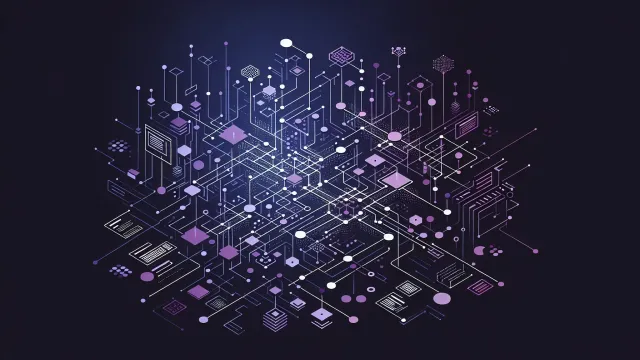 Violet purple architectural decision nodes connecting component boundaries and data flow paths on a dark navy background
