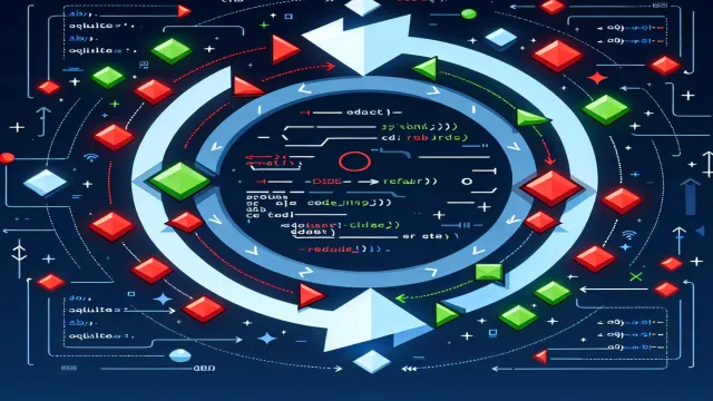 Sky blue red-green-refactor cycle arrows forming a continuous loop with code change nodes on a dark navy background