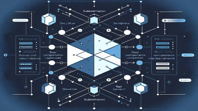 Sky blue mirrored geometric node pairs with substitution arrows showing replacement relationships on a dark navy background