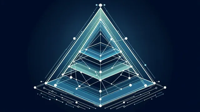 Sky blue triangular geometric layers arranged in a pyramid formation on a dark navy background