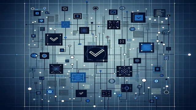 Sky blue geometric checkmark shapes connected by verification pathways on a dark navy background